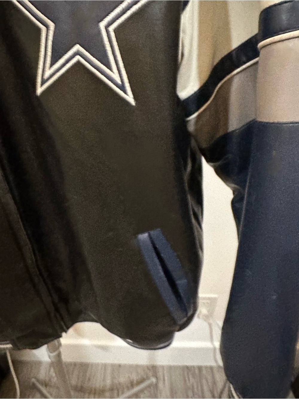 NFL Black, Navy & Cream Dallas Cowboys Faux Leather Bomber Jacket - Picture 5 of 16